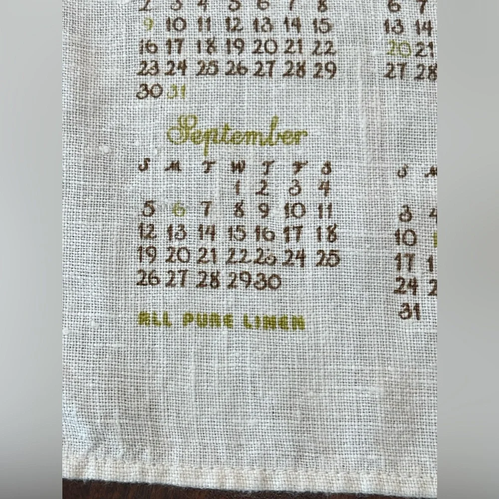 Vtg all pure linen 1982 calendar tea towel wall‎ hanging-kitchen-flower basket